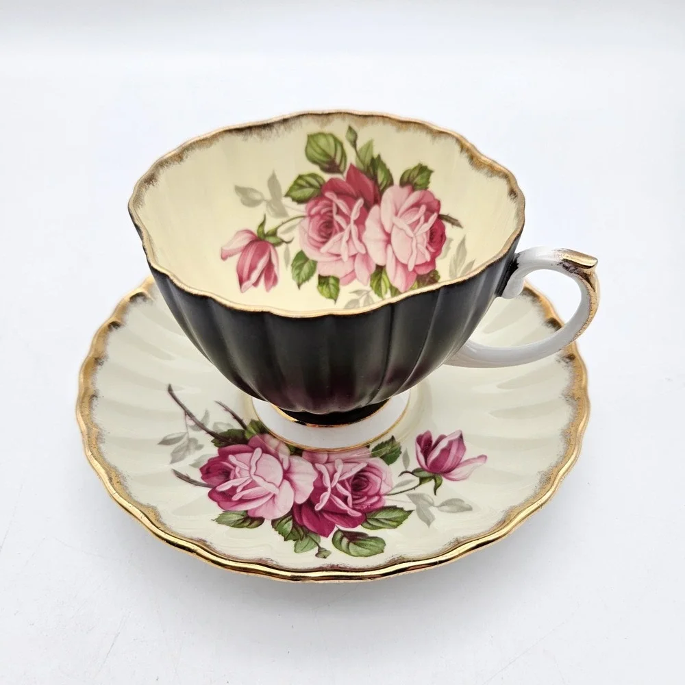 VTG EB Foley Pink Cabbage Rose Gold Trim Black Exterior Teacup and Saucer RARE